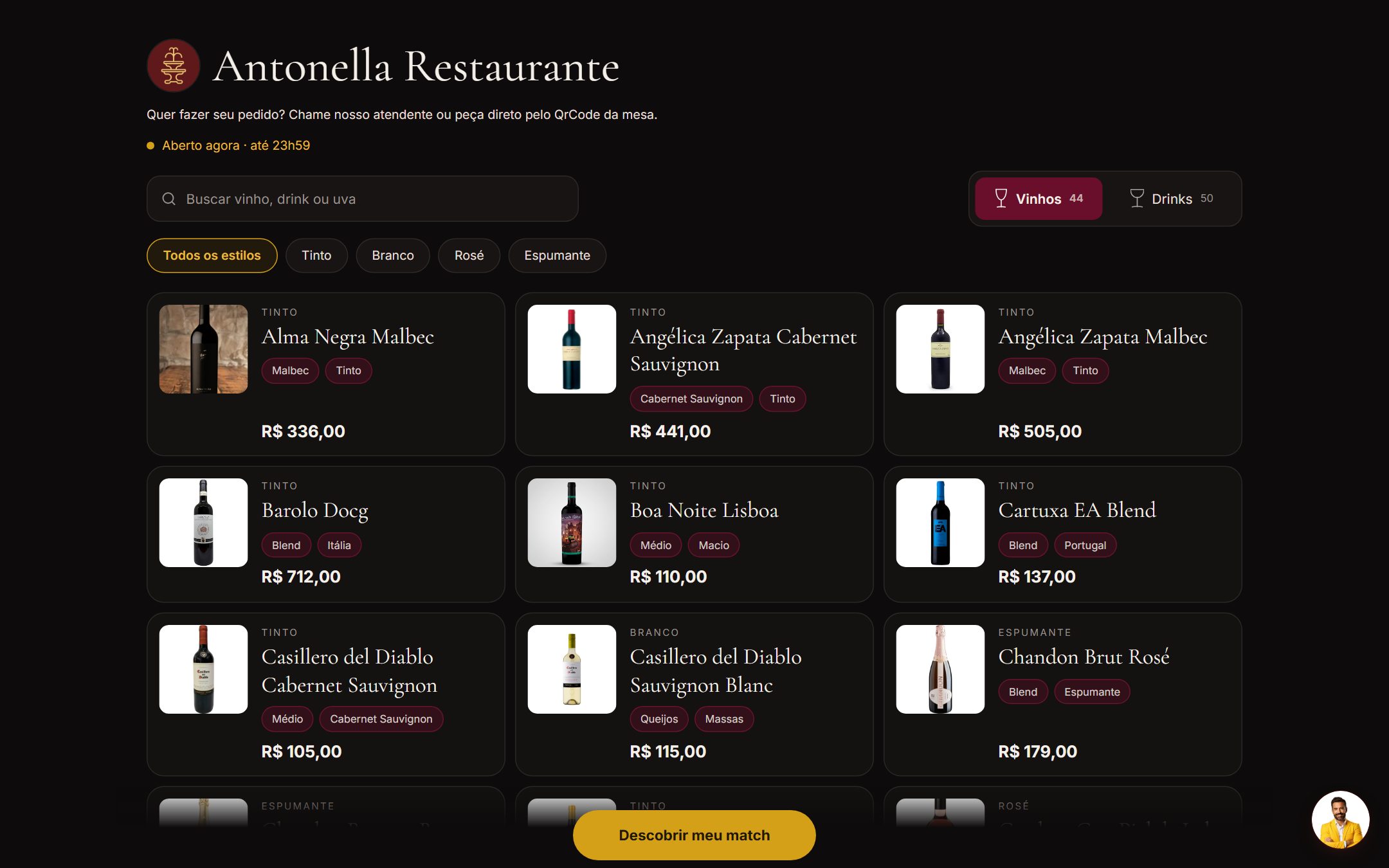 Carta digital de vinhos